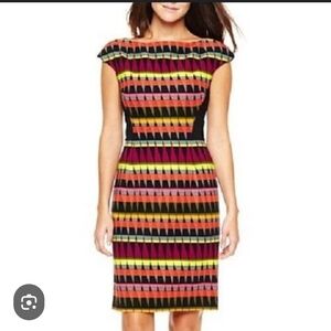 Signature London Style Red and Black Sheath Dress with Bateau Neckline Size 8.